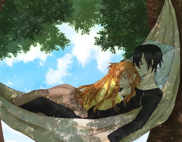 Anime picture 1280x999 with sword art online a-1 pictures yuuki asuna kirigaya kazuto long hair short hair black hair brown hair cloud (clouds) lying eyes closed couple sleeping girl boy hammock