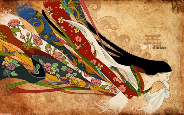 Anime picture 1920x1200 with geminis long hair highres black hair wide image eyes closed japanese clothes girl flower (flowers) kimono