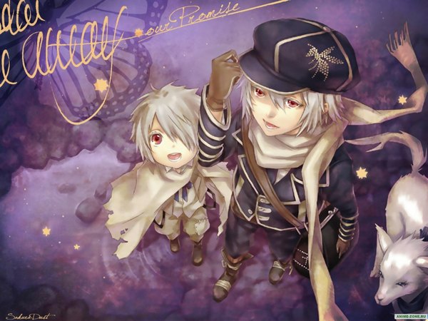 Anime picture 1152x864 with tegami bachi lag seeing gauche suede roda (letter bee) dr. red eyes white hair torn clothes looking up boy gloves hat animal scarf star (symbol) insect butterfly bag child (children) dog