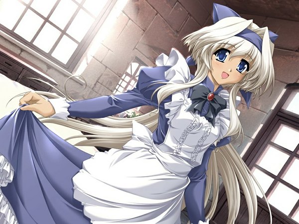 Anime picture 1024x768 with aka (game) blue eyes game cg white hair maid girl