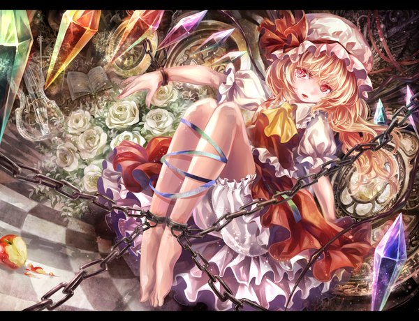 Anime picture 1200x920 with touhou flandre scarlet torino aqua single short hair open mouth blonde hair red eyes tears letterboxed girl dress flower (flowers) ribbon (ribbons) wings frills chain bonnet crystal apple