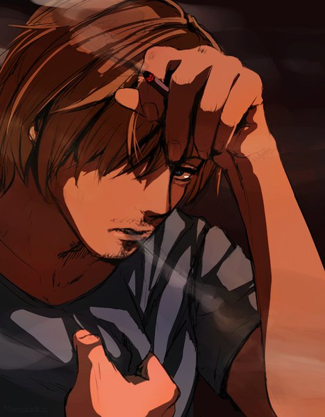 Anime picture 800x1025 with one piece toei animation sanji marmalade (elfless vanilla) single tall image looking at viewer fringe short hair blue eyes brown hair holding signed upper body parted lips hair over one eye arms up short sleeves smoke smoking
