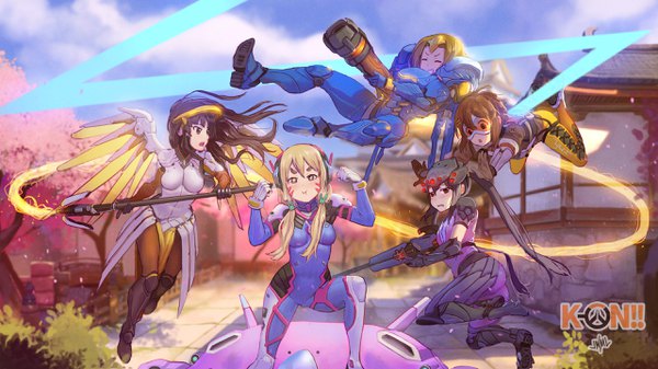 イラスト 2560x1440 と けいおん! オーバーウォッチ 京都アニメーション blizzard entertainment rooster teeth funhaus 秋山澪 平沢唯 中野梓 琴吹紬 田井中律 meka (overwatch) justin leyva (steamy tomato) 長髪 カメラ目線 赤面 前髪 highres 短い髪 おっぱい