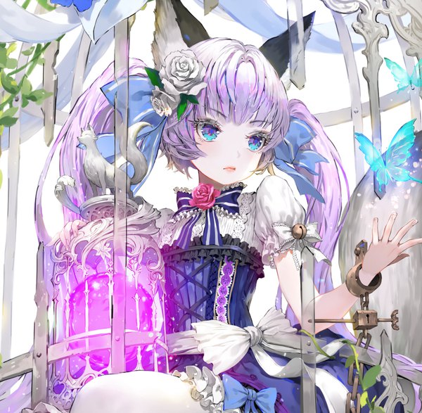 Anime picture 944x924 with original tob single long hair fringe blue eyes sitting twintails animal ears looking away pink hair tail animal tail hair flower short sleeves puffy sleeves lipstick pink lipstick wolf ears wolf tail