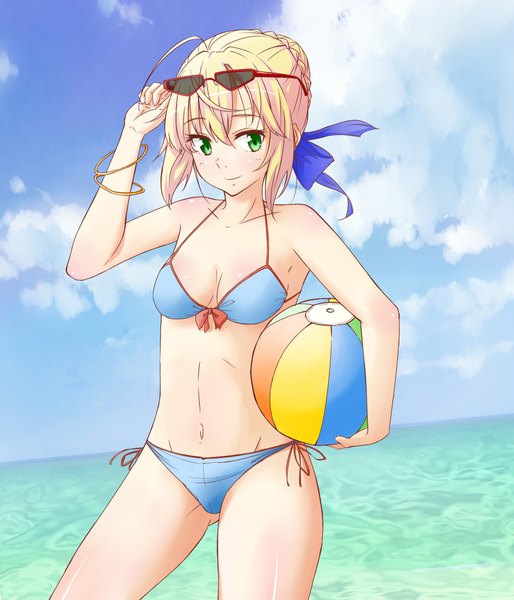Anime picture 1919x2240 with fate (series) fate/stay night studio deen type-moon artoria pendragon (all) saber single long hair tall image highres light erotic blonde hair bare shoulders green eyes sunglasses on head girl navel swimsuit bikini bracelet