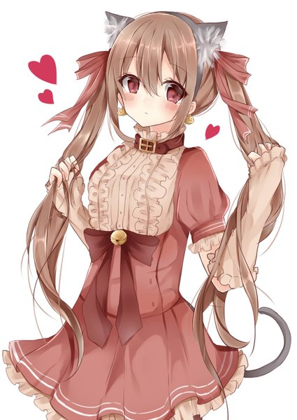 Anime picture 1024x1444 with original souhi single long hair tall image looking at viewer blush fringe simple background hair between eyes red eyes brown hair white background twintails animal ears payot tail long sleeves head tilt animal tail