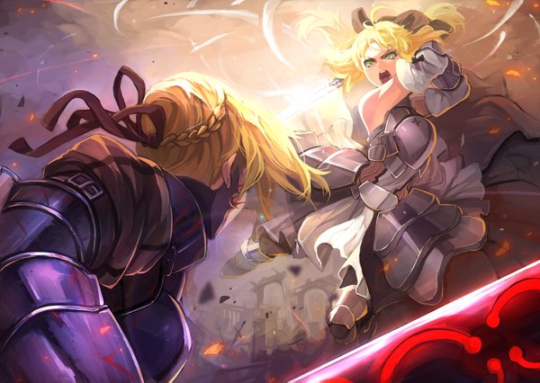 Anime picture 2000x1423 with fate (series) fate/stay night fate/unlimited codes studio deen type-moon artoria pendragon (all) saber saber alter saber lily zhuxiao517 highres open mouth blonde hair green eyes dual persona battle girl bow ribbon (ribbons) weapon