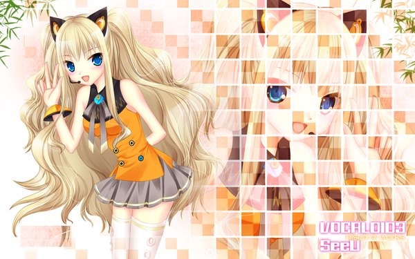 Anime picture 1920x1200 with vocaloid seeu hisuri (artist) single long hair highres open mouth blue eyes blonde hair wide image animal ears inscription victory zoom layer girl thighhighs white thighhighs