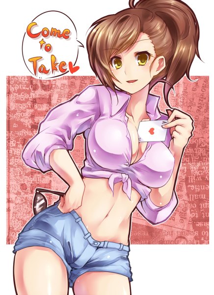 Anime picture 872x1200 with idolmaster idolmaster cinderella girls wakabayashi tomoka paopao (artist) single long hair tall image looking at viewer highres breasts open mouth light erotic smile brown hair large breasts holding yellow eyes cleavage ponytail midriff