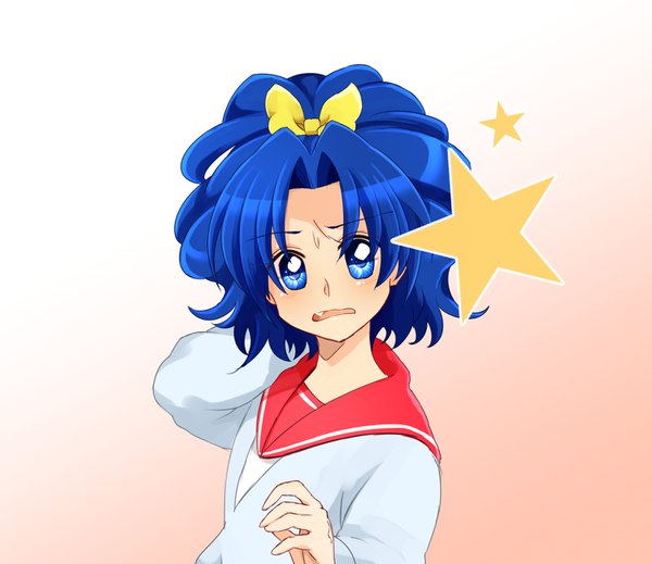 Anime picture 1500x1299 with precure kirakira precure a la mode toei animation tategami aoi tsuka d single looking at viewer short hair blue eyes simple background blue hair upper body ponytail fang (fangs) gradient background arm behind head girl uniform bow hair bow
