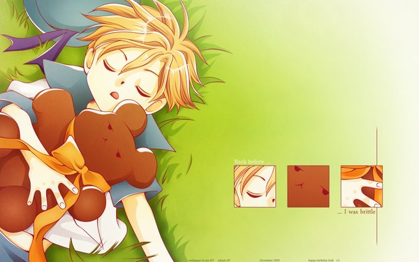 Anime picture 1920x1200 with ouran high school host club studio bones suou tamaki highres short hair open mouth blonde hair wide image lying eyes closed hug sleeping boy ribbon (ribbons) bow plant (plants) hat grass sailor suit child (children)