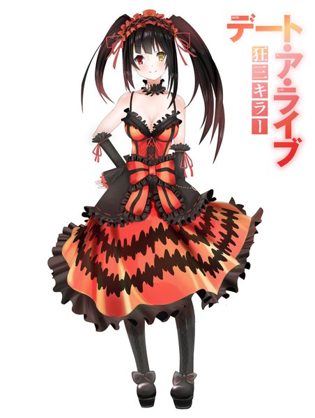 Anime picture 1280x1700 with date a live tokisaki kurumi single long hair tall image blush black hair simple background smile white background twintails bare shoulders hand on hip heterochromia lolita fashion uneven twintails girl dress boots headdress