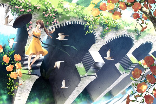 Anime picture 1200x800 with original toti (pixiv) single long hair red eyes brown hair standing ponytail river girl flower (flowers) ribbon (ribbons) plant (plants) animal water bird (birds) umbrella sundress beads sandals