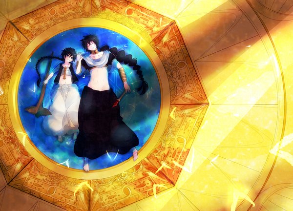 Anime picture 1500x1080 with magi the labyrinth of magic a-1 pictures judal aladdin (magi) monarin long hair blue eyes black hair lying eyes closed midriff magic single braid holding hands boy navel weapon water pants collar