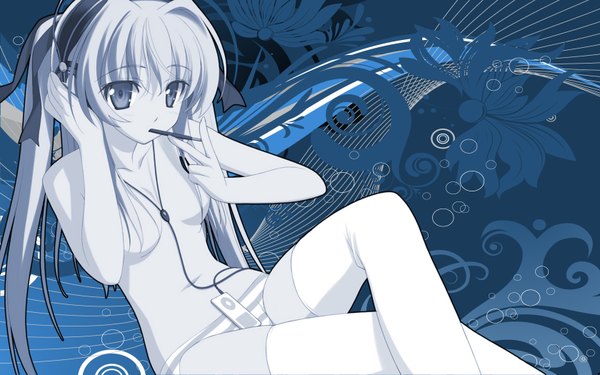 Anime picture 1680x1050 with wiz anniversary ipod long hair light erotic blonde hair wide image twintails underwear only topless girl thighhighs underwear panties white thighhighs sweets headphones striped panties pocky