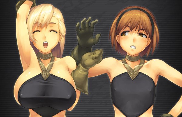 Anime picture 1200x770 with final fantasy square enix yn red long hair blush short hair breasts open mouth light erotic blonde hair brown hair large breasts multiple girls brown eyes eyes closed girl gloves bow 2 girls hair bow