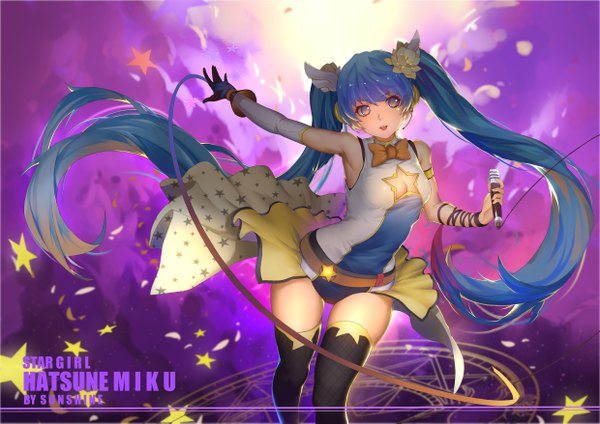 Anime picture 4960x3507 with vocaloid hatsune miku sunshine (1638509769) single looking at viewer fringe highres breasts open mouth twintails purple eyes holding signed absurdres very long hair multicolored hair hair flower sleeveless character names floating hair