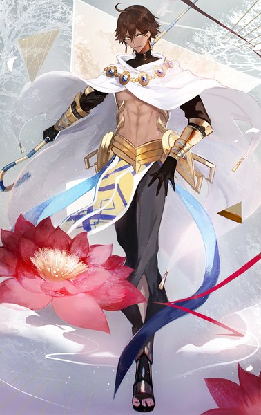 Anime picture 1500x2382 with fate (series) fate/prototype ozymandias (fate) juexing (moemoe3345) single tall image looking at viewer fringe short hair hair between eyes brown hair yellow eyes full body ahoge muscle abs boy gloves flower (flowers) earrings