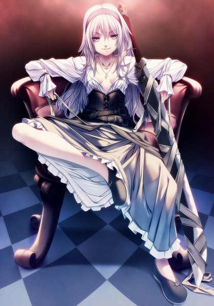 Anime picture 700x1000 with original rezi single long hair tall image looking at viewer blue eyes sitting white hair girl dress weapon sword hairband armchair