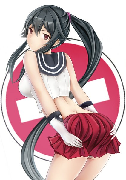 Anime picture 704x1000 with kantai collection yahagi light cruiser nannacy7 single long hair tall image light erotic black hair bare shoulders brown eyes ponytail looking back girl skirt gloves sailor suit
