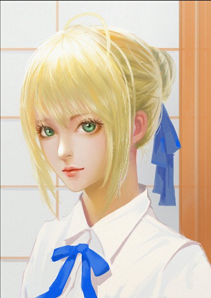 Anime picture 753x1064 with fate (series) fate/stay night type-moon artoria pendragon (all) saber lianglianguliang single tall image looking at viewer fringe blonde hair green eyes indoors lips girl bow ribbon (ribbons) hair ribbon shirt white shirt