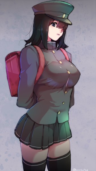 Anime picture 553x983 with kantai collection akitsumaru dock landing ship katsuoboshi single tall image looking at viewer fringe short hair breasts black hair simple background large breasts signed black eyes hair over one eye grey background hands behind back girl thighhighs uniform
