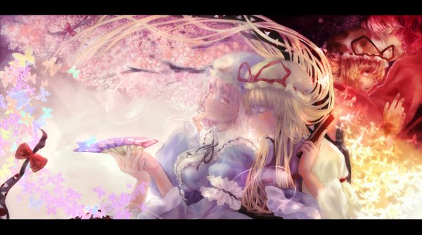 Anime picture 1674x935 with touhou yakumo yukari saigyouji yuyuko jyuui long hair breasts blonde hair wide image multiple girls pink hair traditional clothes pink eyes light smile hug cherry blossoms finger to mouth glow traditional media hug from behind girl