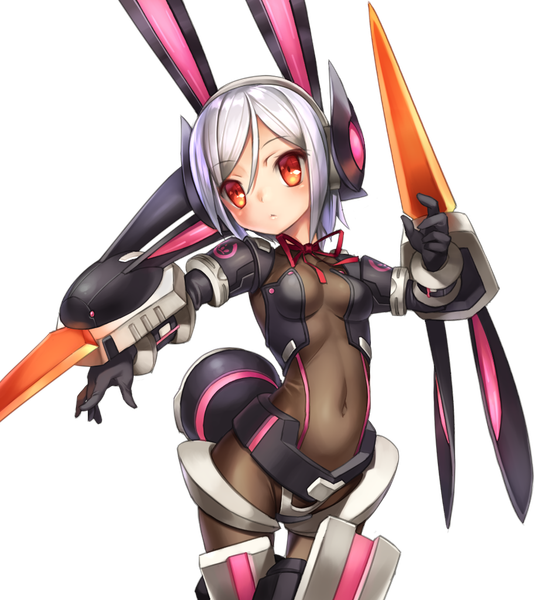 Anime picture 913x1024 with emil chronicle online nakasaki hydra single tall image blush short hair light erotic red eyes animal ears looking away silver hair bunny ears bunny girl transparent background mecha musume girl gloves navel black gloves