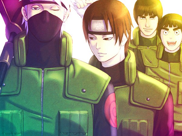 Anime picture 1000x750 with naruto studio pierrot naruto (series) hatake kakashi sai rock lee might guy nigella.a looking at viewer short hair open mouth simple background smile brown hair white background purple eyes brown eyes white hair one eye closed wink