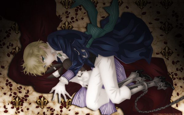 Anime picture 2560x1600 with pandora hearts xebec oz vessalius highres short hair blue eyes blonde hair wide image lying boy gloves petals boots chain toy stuffed animal suit brooch