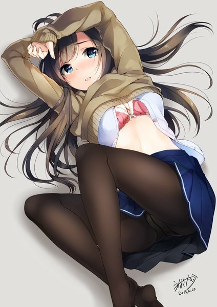 Anime picture 706x1000 with unasaka ryou single long hair tall image looking at viewer blush breasts open mouth blue eyes light erotic simple background brown hair signed lying long sleeves pleated skirt grey background arms up shadow on back