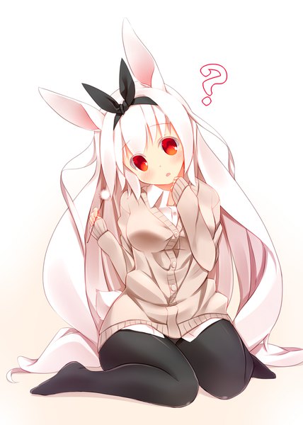 Anime picture 1000x1400 with original autumn dawn single long hair tall image looking at viewer simple background red eyes sitting animal ears white hair tail long sleeves head tilt animal tail bunny ears gradient background wariza bunny tail hand to mouth