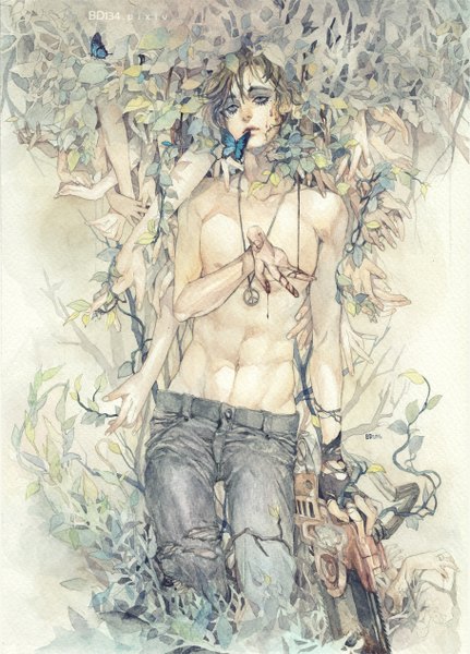 Anime picture 910x1265 with original dark134 single tall image short hair blue eyes brown hair signed mole mole under eye traditional media watercolor (medium) boy plant (plants) pendant insect butterfly blood jeans hands