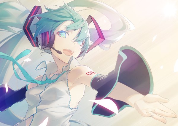 Anime picture 1200x850 with vocaloid hatsune miku nilitsu single looking at viewer open mouth twintails very long hair aqua eyes wind aqua hair tattoo light spread arms girl detached sleeves necktie headphones vest microphone