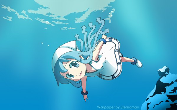 Anime picture 2560x1600 with shinryaku! ika musume ika musume stereoman long hair highres open mouth blue eyes wide image blue hair blue background underwater girl dress water bracelet tentacles