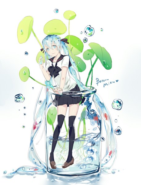 Anime picture 762x1000 with vocaloid hatsune miku bottle miku rrr (reason) single tall image looking at viewer blue eyes white background twintails blue hair very long hair pleated skirt light smile inscription liquid hair girl thighhighs skirt uniform
