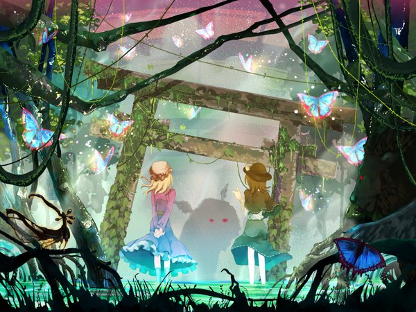 Anime picture 1500x1125 with touhou usami renko maribel hearn tokoroten (hmmuk) long hair short hair blonde hair red eyes brown hair multiple girls from behind back hands behind back girl dress 2 girls plant (plants) hat water insect