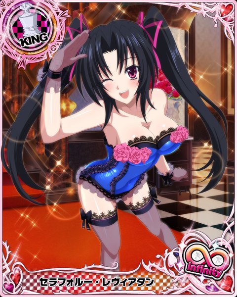 Anime picture 640x800 with highschool dxd serafall leviathan single long hair tall image looking at viewer blush breasts open mouth light erotic black hair twintails purple eyes cleavage one eye closed wink card (medium) girl thighhighs gloves