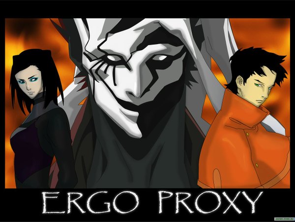 Anime picture 1280x965 with ergo proxy re-l mayer vincent law tagme (artist) looking at viewer short hair blue eyes black hair green eyes looking away wind inscription eyeshadow framed girl boy mask coat fire