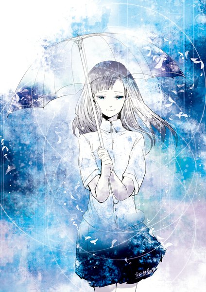 Anime picture 800x1132 with original koto2 single long hair tall image fringe blue eyes smile signed silver hair wind tears looking down rain transparent umbrella girl petals umbrella