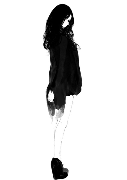 Anime picture 1000x1414 with original sousou (sousouworks) single long hair tall image black hair simple background standing white background looking away full body monochrome wavy hair hands behind back girl ankle boots