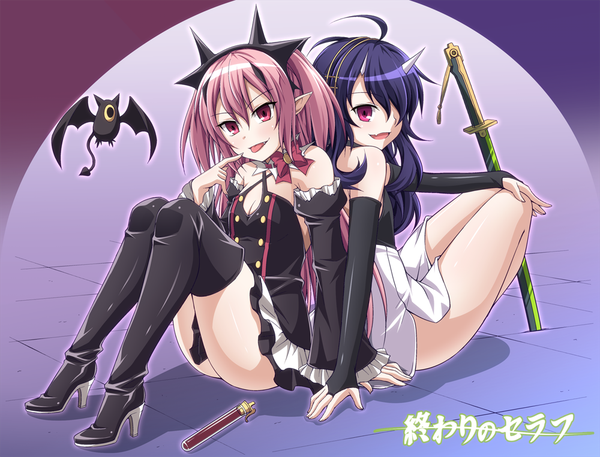 Anime picture 1000x763 with owari no seraph wit studio kururu tepes arukanu ashuramaru kyuutou (kyuutouryuu) long hair blush fringe breasts open mouth light erotic smile hair between eyes sitting twintails bare shoulders looking away pink hair purple hair