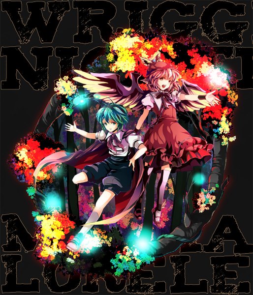 Anime picture 1080x1260 with touhou mystia lorelei wriggle nightbug awa toka tall image short hair open mouth red eyes multiple girls green eyes red hair green hair magic head wings girl dress 2 girls plant (plants) wings tree (trees)