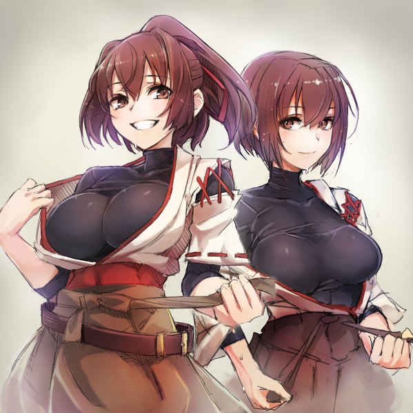 Anime picture 1197x1200 with kantai collection hyuuga battleship ise battleship taishi (picchiridou) tall image short hair breasts light erotic brown hair large breasts multiple girls brown eyes ponytail traditional clothes japanese clothes grin undressing girl 2 girls belt