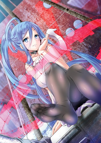 Anime picture 567x800 with aoki hagane no arpeggio takao (aoki hagane no arpeggio) akaza single long hair tall image looking at viewer fringe breasts blue eyes hair between eyes sitting holding blue hair bent knee (knees) ponytail from below no shoes legs sleeveless