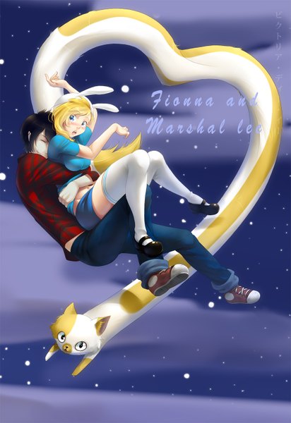 Anime picture 1000x1454 with adventure time marshall lee (adventure time) fionna (adventure time) cake (adventure time) kotorikurama long hair tall image blush short hair blue eyes black hair blonde hair smile holding sky cloud (clouds) eyes closed teeth fang (fangs) bunny ears