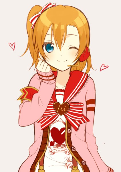 Anime picture 600x850 with love live! school idol project sunrise (studio) love live! kousaka honoka chisumi single tall image looking at viewer blush blue eyes simple background smile one eye closed wink orange hair grey background one side up girl ribbon (ribbons) hair ribbon