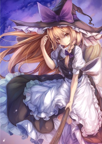 Anime picture 1254x1771 with touhou kirisame marisa fal maro long hair tall image blonde hair yellow eyes braid (braids) twin braids witch girl bow hair bow witch hat