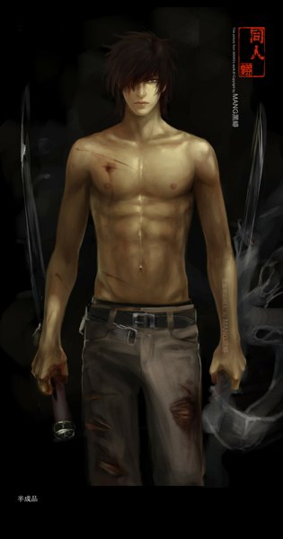 Anime picture 1024x1946 with daomu (grave robbery note) mang (artist) single tall image fringe short hair brown eyes hair over one eye realistic black background topless boy navel weapon sword belt blood
