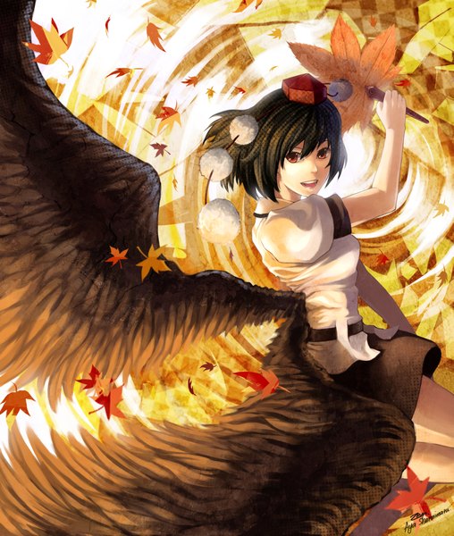 Anime picture 3438x4059 with touhou shameimaru aya zen (jirakun) tall image highres short hair open mouth black hair red eyes absurdres looking back happy girl hat wings leaf (leaves) fan mini hat autumn leaves mini top hat